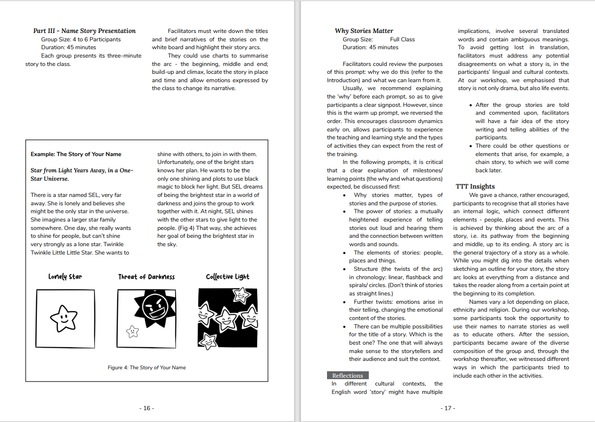 A page from the "Our Stories Matter!" PBE Toolkit; presenting the first storytelling prompt for a class, such as introducing the story of your name and why something a simple as the story behind one's name can be used to highlight chronology and place and provide insight into cultural contexts.