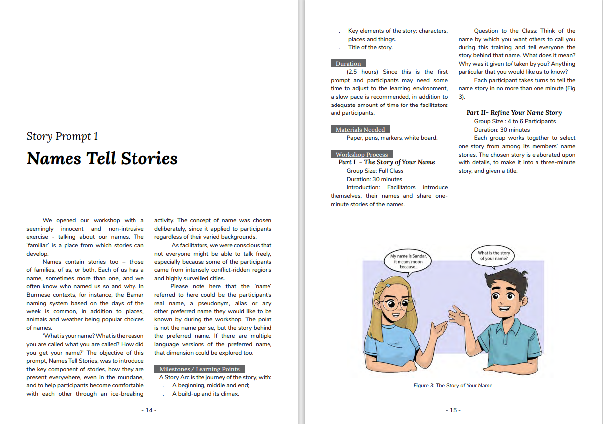 A page from the "Our Stories Matter!" PBE Toolkit; presenting the first storytelling prompt for a class, such as introducing the story of your name.