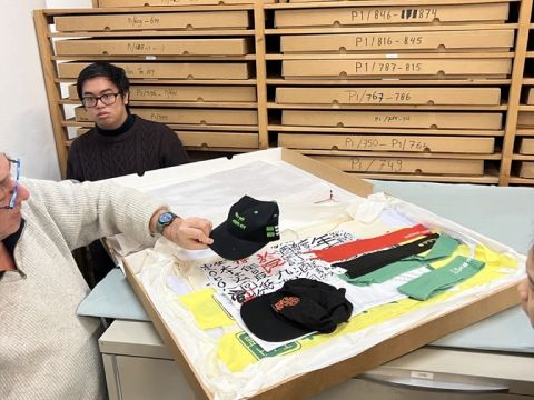 A collection of hats, banners, and posters from the Hong Kong Democratic Protests. Eef mentioned that there were many other languages used in protest material (ie. Bengali), to show support for the cause. Photo Credit: Cherelle Jaleesa Karsseboom
