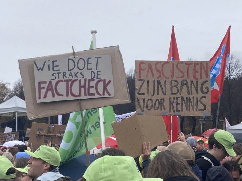 Left: Who will do the fact-checking later? Right: Fascists are afraid of knowledge. Photo: Marije ten Brink