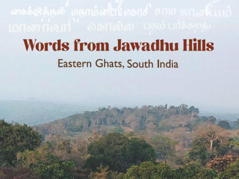 Cover of the "Words from Jawadhu Hills" wordbook, a skyline overlooking the Jawadhu Hills with the words in Tamil silhouetting the sky.