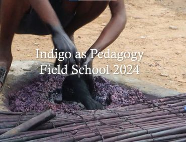 Man demonstrating indigo dyeing process in Daboya, Ghana while the title "Indigo as Pedgagogy Field School 2024" appears in white letters at the center of the screen; Credit: HAB and IAS Ghana